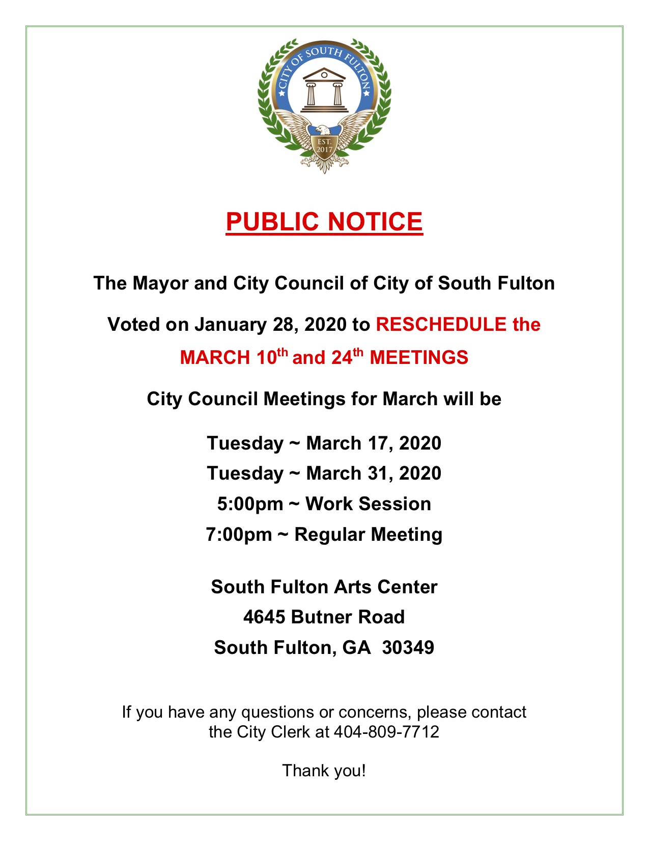South Fulton Regular Meeting March Schedule